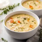 Instant Pot Chicken Pot Pie Soup served in a cozy bowl with tender chicken and vegetables, making it a perfect Instant Chicken Soup for chilly nights.