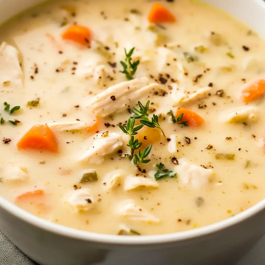 A creamy bowl of Instant Pot Chicken Pot Pie Soup with soft carrots, peas, and potatoes, styled as one of the best Instant Pot Recipes For Potluck.