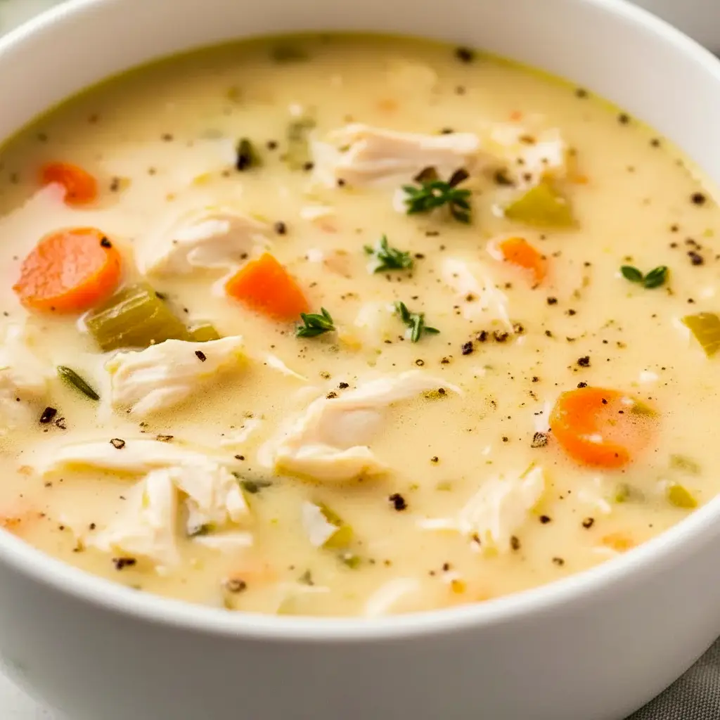 A steaming bowl of Instant Pot Chicken Pot Pie Soup in a rustic setting, showing why it belongs on any list of Insta Pot Soup Recipes Easy.