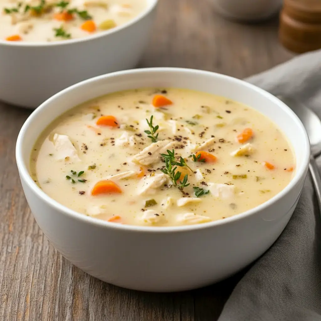 Instant Pot Chicken Pot Pie Soup in a cozy serving bowl with fresh herbs and creamy broth, a warm Homemade Soup Instant Pot recipe perfect for family dinner.