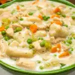 Instant Pot Chicken and Dumplings in a creamy bowl with tender chicken, vegetables, and fluffy dumplings, showing a hearty Chicken Dumplings Instant Pot comfort food recipe.