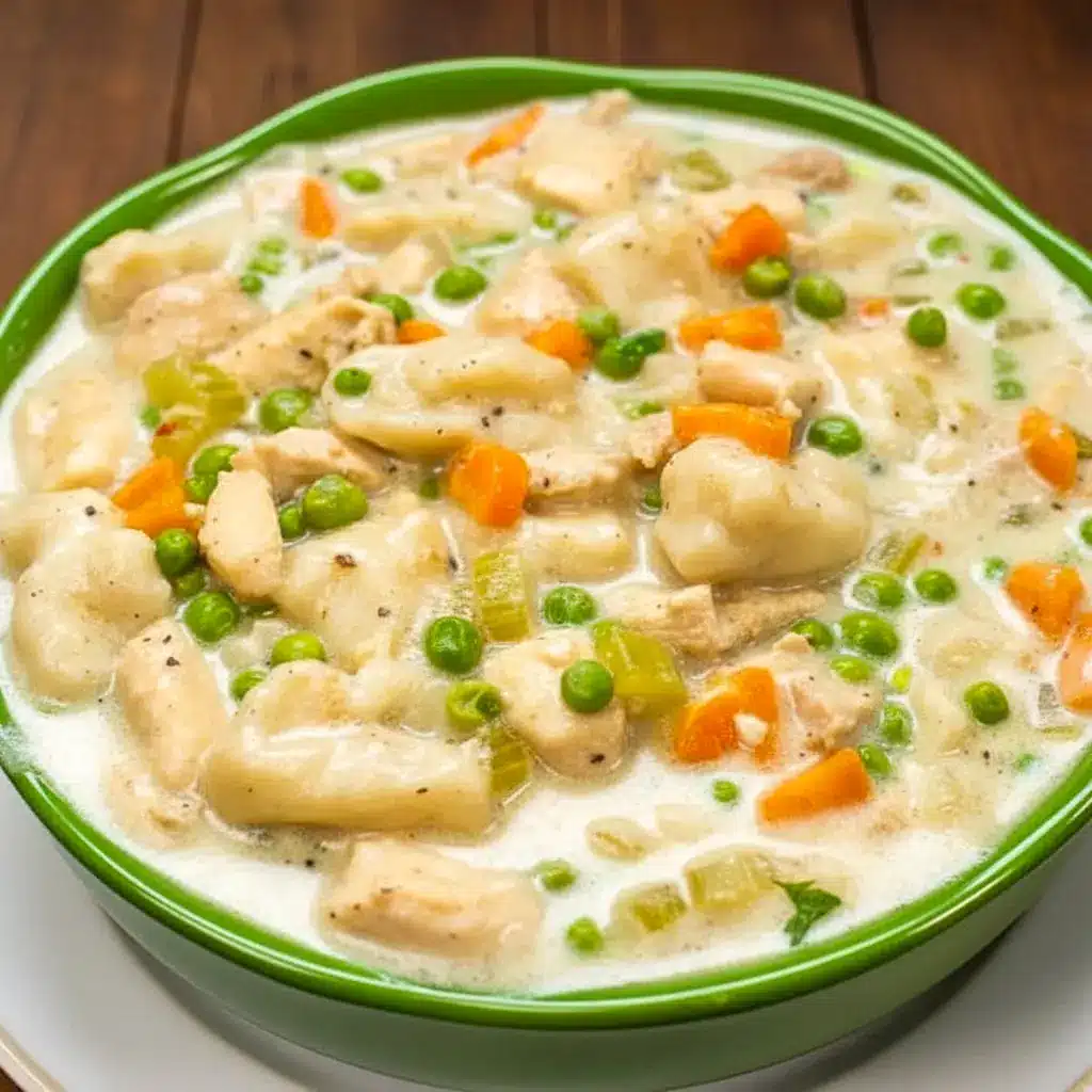 Instant Pot Chicken and Dumplings in a creamy bowl with tender chicken, vegetables, and fluffy dumplings, showing a hearty Chicken Dumplings Instant Pot comfort food recipe.