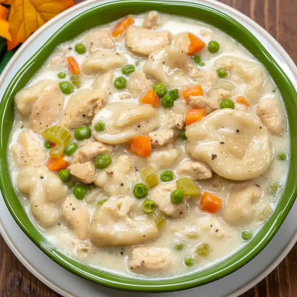 Instant Pot Chicken and Dumplings in a creamy bowl with tender chicken, vegetables, and fluffy dumplings, showing a hearty Chicken Dumplings Instant Pot comfort food recipe.