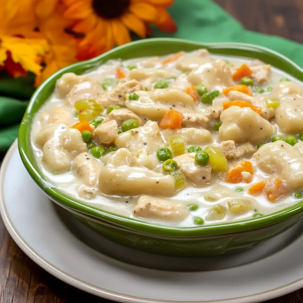 Instant Pot Chicken and Dumplings in a creamy bowl with tender chicken, vegetables, and fluffy dumplings, showing a hearty Chicken Dumplings Instant Pot comfort food recipe.