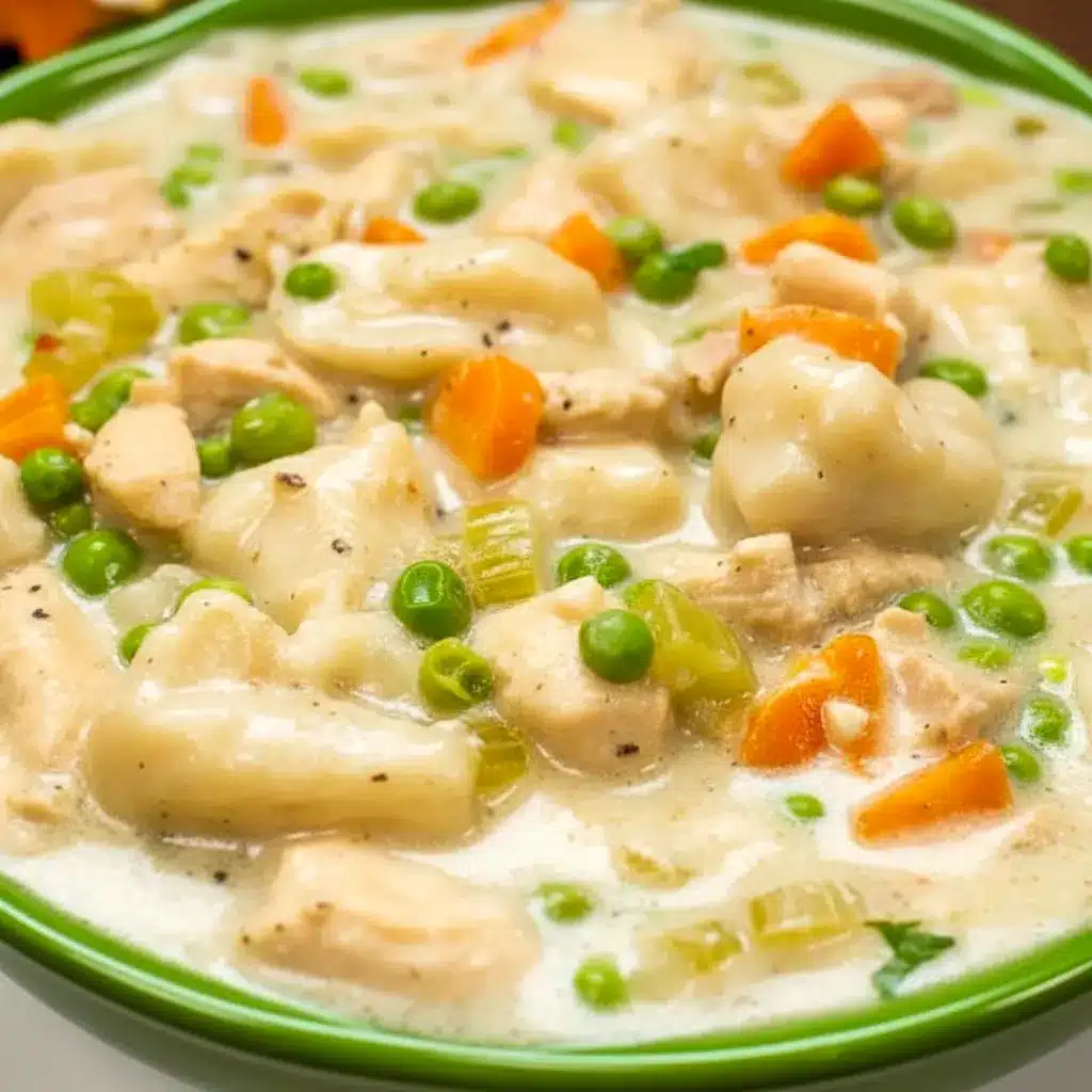 Instant Pot Chicken and Dumplings in a creamy bowl with tender chicken, vegetables, and fluffy dumplings, showing a hearty Chicken Dumplings Instant Pot comfort food recipe.