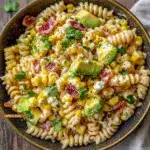 A colorful bowl of Mexican Street Corn Pasta Salad styled as one of the best Sides For Lunch with pasta, corn, avocado, black beans, and creamy dressing.
