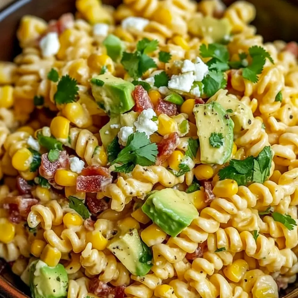 A serving dish of Mexican Street Corn Pasta Salad perfect for Outside Dinner Ideas, topped with fresh herbs, cotija cheese, and smoky corn.