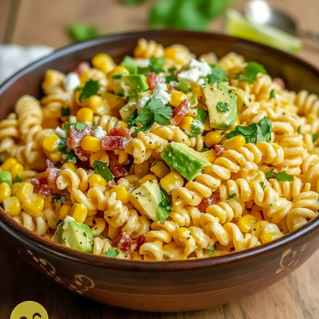 A fresh bowl of Mexican Street Corn Pasta Salad made for Easy Refreshing Summer Meals with lime dressing, avocado, and bright street-corn flavor.
