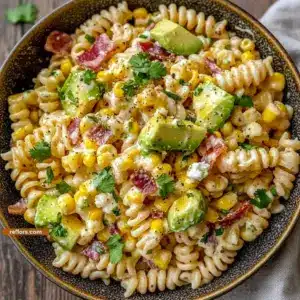 A colorful bowl of Mexican Street Corn Pasta Salad styled as one of the best Sides For Lunch with pasta, corn, avocado, black beans, and creamy dressing.