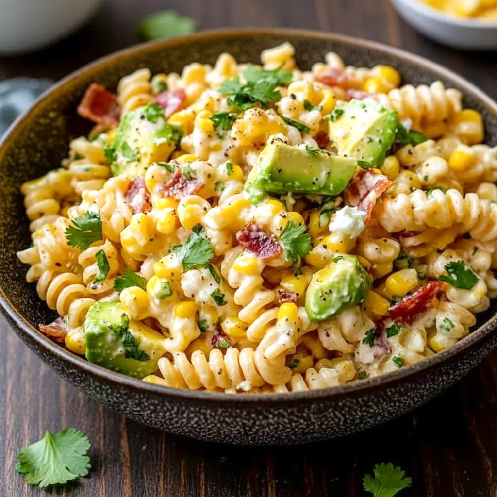 A hearty bowl of Mexican Street Corn Pasta Salad inspired by Hearty Pasta Salad Recipes with pasta, black beans, bacon, and creamy chili-lime dressing.