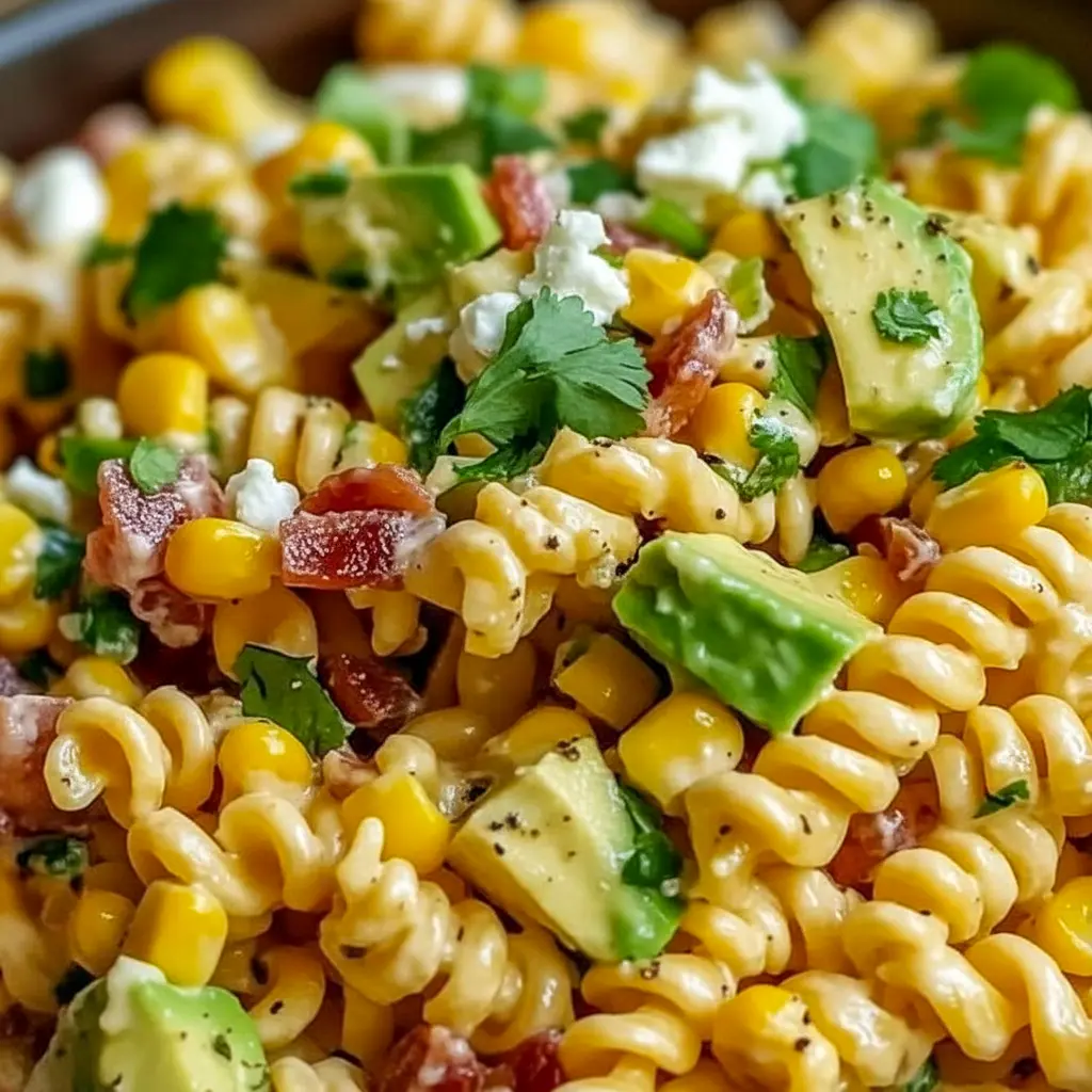 A festive platter of Mexican Street Corn Pasta Salad that works beautifully for Mexican Party Dishes and crowd-pleasing summer gatherings.