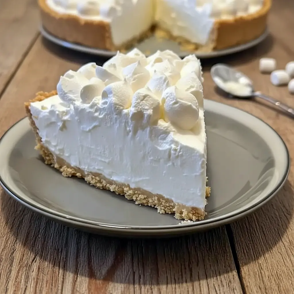 A slice of Marshmallow Whip Cheesecake on a plate, showing a creamy no-bake filling in a graham cracker crust, styled as a soft Cheesecake With Whipped Topping dessert.