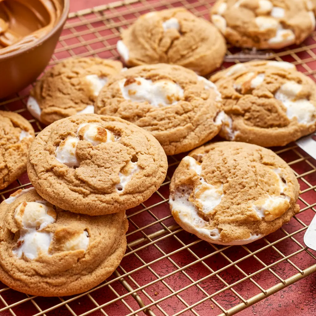A stack of Peanut Butter Marshmallow Cookies on a holiday plate, showing soft, chewy cookies with gooey marshmallow pieces for a delicious Baked Goods With Marshmallows treat.