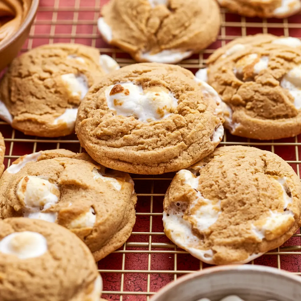 A stack of Peanut Butter Marshmallow Cookies on a holiday plate, showing soft, chewy cookies with gooey marshmallow pieces for a delicious Baked Goods With Marshmallows treat.