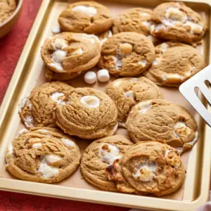 A stack of Peanut Butter Marshmallow Cookies on a holiday plate, showing soft, chewy cookies with gooey marshmallow pieces for a delicious Baked Goods With Marshmallows treat.
