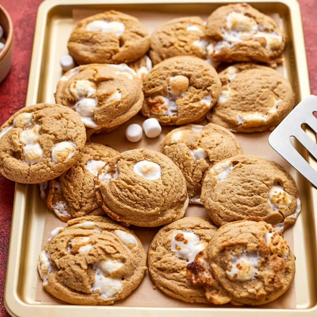 A stack of Peanut Butter Marshmallow Cookies on a holiday plate, showing soft, chewy cookies with gooey marshmallow pieces for a delicious Baked Goods With Marshmallows treat.
