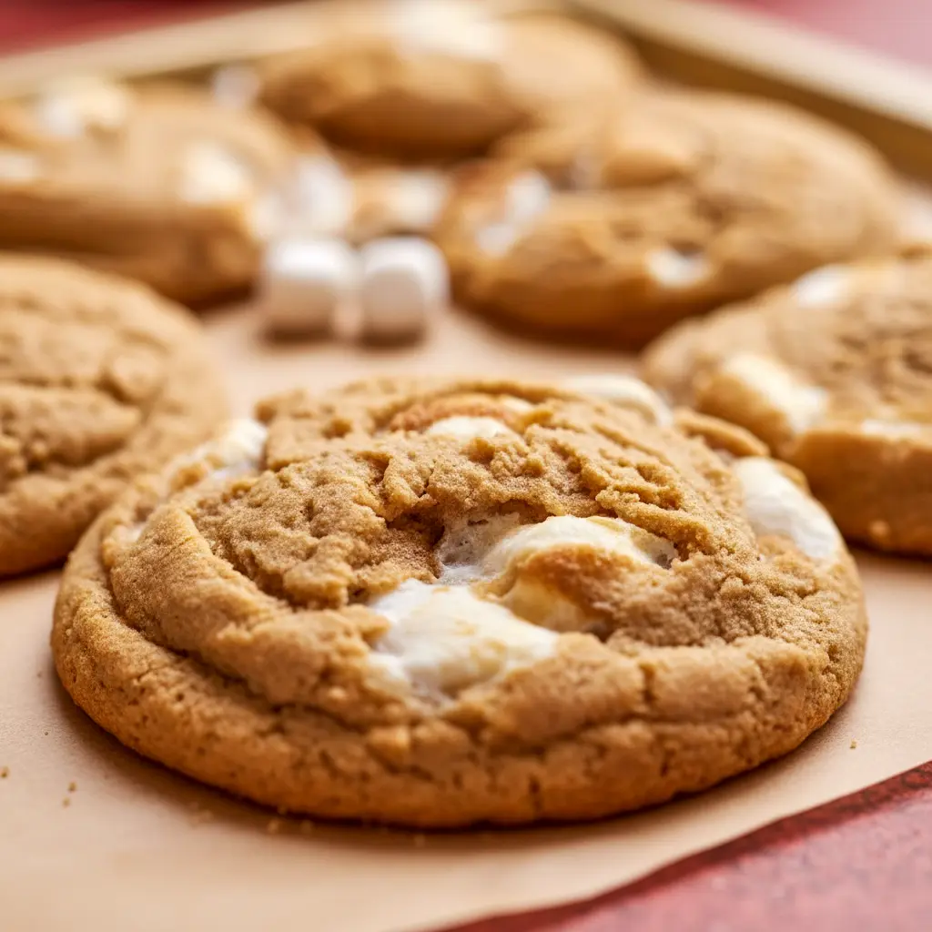 A stack of Peanut Butter Marshmallow Cookies on a holiday plate, showing soft, chewy cookies with gooey marshmallow pieces for a delicious Baked Goods With Marshmallows treat.