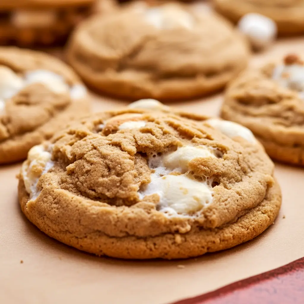A stack of Peanut Butter Marshmallow Cookies on a holiday plate, showing soft, chewy cookies with gooey marshmallow pieces for a delicious Baked Goods With Marshmallows treat.