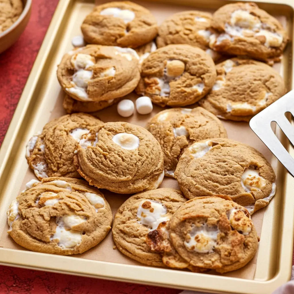 A stack of Peanut Butter Marshmallow Cookies on a holiday plate, showing soft, chewy cookies with gooey marshmallow pieces for a delicious Baked Goods With Marshmallows treat.