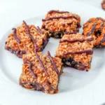 Tray of Samoa Brownies topped with toasted coconut, caramel, and chocolate drizzle, styled as a rich Coconut Brownie dessert for Dessert Recipes With Caramel lovers.