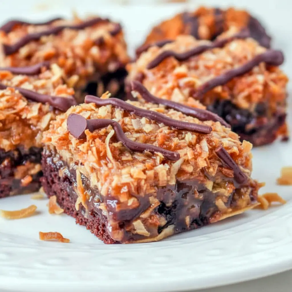 Tray of Samoa Brownies topped with toasted coconut, caramel, and chocolate drizzle, styled as a rich Coconut Brownie dessert for Dessert Recipes With Caramel lovers.