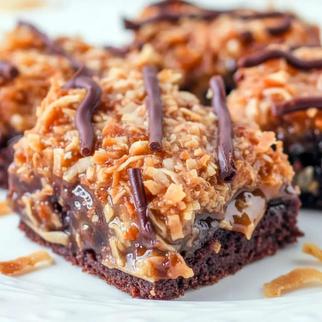 Tray of Samoa Brownies topped with toasted coconut, caramel, and chocolate drizzle, styled as a rich Coconut Brownie dessert for Dessert Recipes With Caramel lovers.