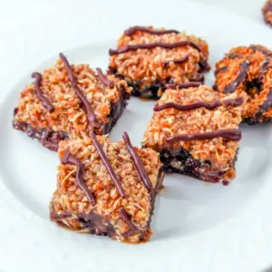 Tray of Samoa Brownies topped with toasted coconut, caramel, and chocolate drizzle, styled as a rich Coconut Brownie dessert for Dessert Recipes With Caramel lovers.