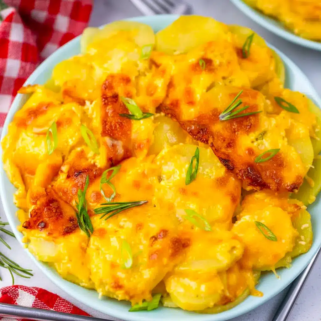 A dish of Instant Pot Scalloped Potatoes with a golden bubbly cheese topping, creamy sliced potatoes, and a rich baked finish for a classic comfort-food side.