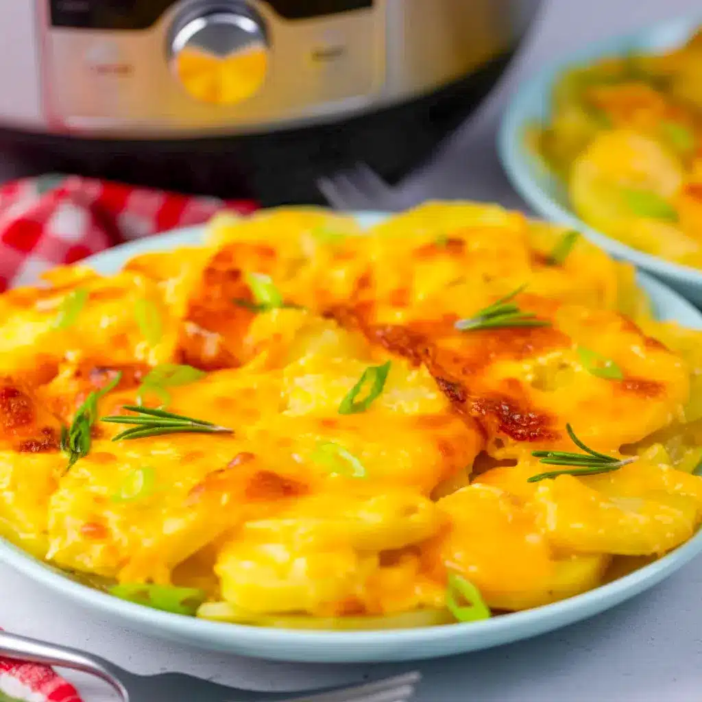 A dish of Instant Pot Scalloped Potatoes with a golden bubbly cheese topping, creamy sliced potatoes, and a rich baked finish for a classic comfort-food side.