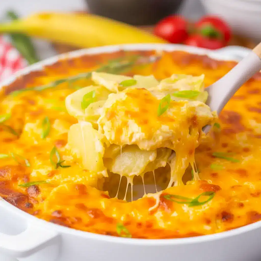 A dish of Instant Pot Scalloped Potatoes with a golden bubbly cheese topping, creamy sliced potatoes, and a rich baked finish for a classic comfort-food side.
