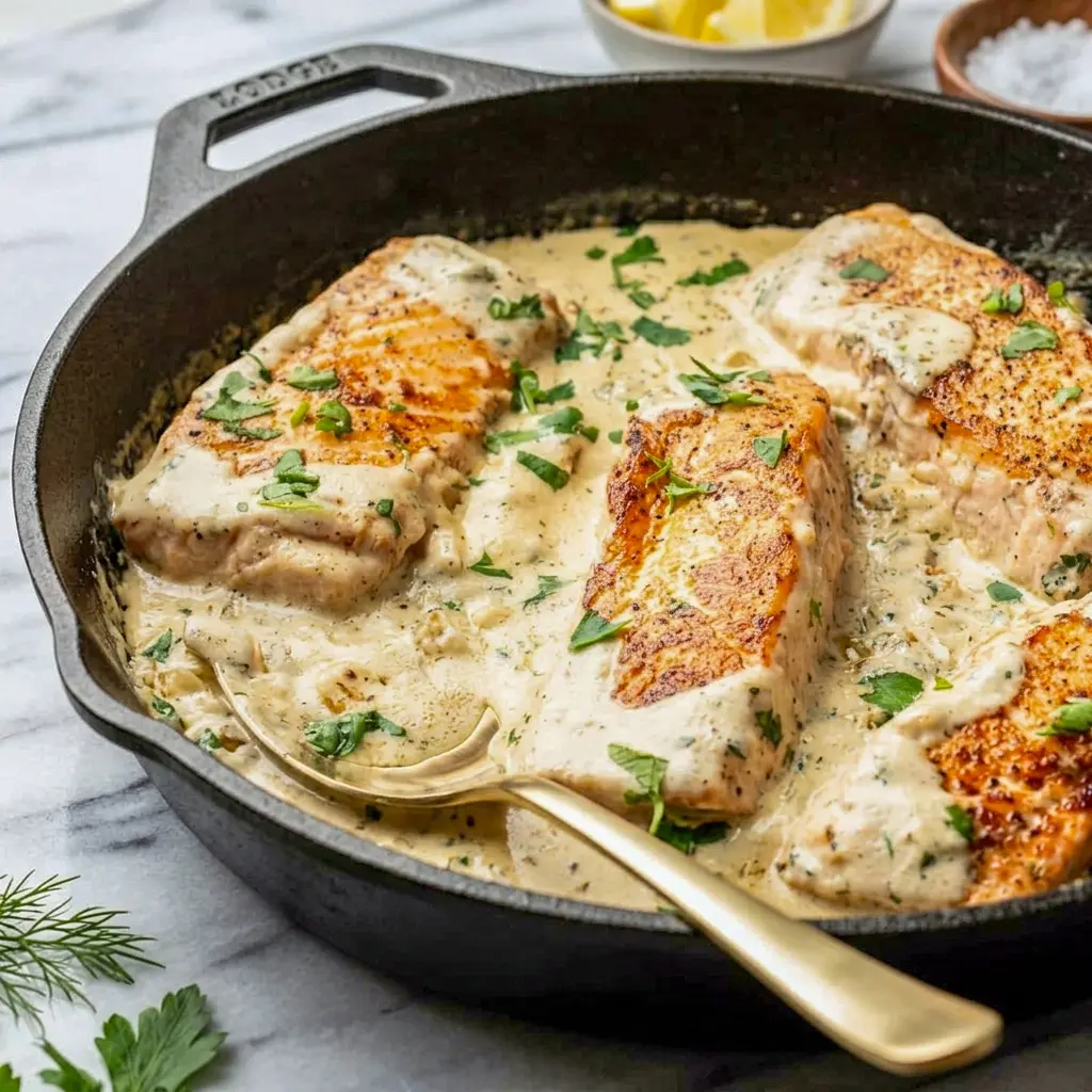 A rich pan of Boursin Salmon served as one of the easiest Easy One-pan Salmon Recipes for dinner.