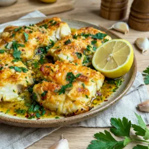 Baked Cod with Lemon and Garlic served as a bright Greek White Fish dinner with tender flakes and fresh herbs.