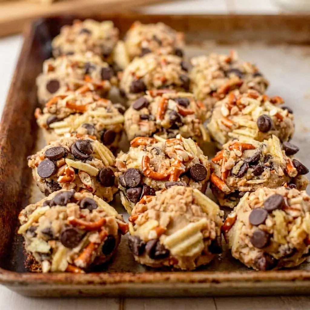 A close-up of Kitchen Sink Cookies packed with rich add-ins and bakery-style flavor, just like Homemade Compost Cookies.