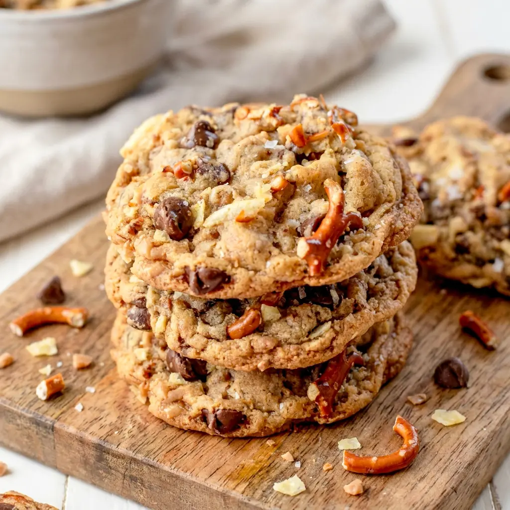 Soft and chunky Kitchen Sink Cookies with pretzels, chips, and toffee for an irresistible Kitchen Sink Cookies Recipe With Pretzels.