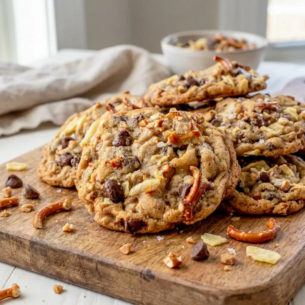 A batch of oversized Kitchen Sink Cookies with melty chocolate and buttery toffee, perfect for Chocolate Chip Cookies With Toffee Bits.