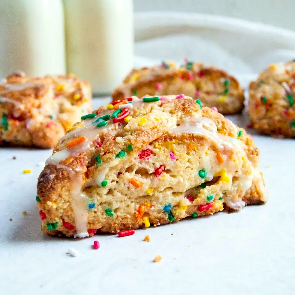 Birthday Cake Scones on a serving tray with festive rainbow sprinkles, making a cute pick for Quick And Easy Sweet Recipes.