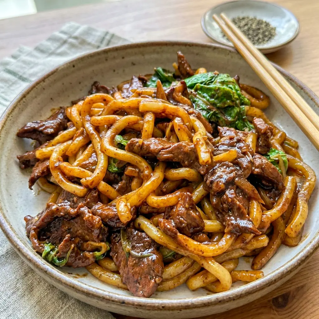 Black Pepper Beef Udon plated with glossy black pepper sauce, a delicious Food Dishes choice for an easy takeout-style meal.