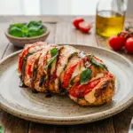 Caprese Stuffed Chicken baked until juicy and golden, making a beautiful Healthy Food Dishes idea with fresh tomato, mozzarella, and basil.