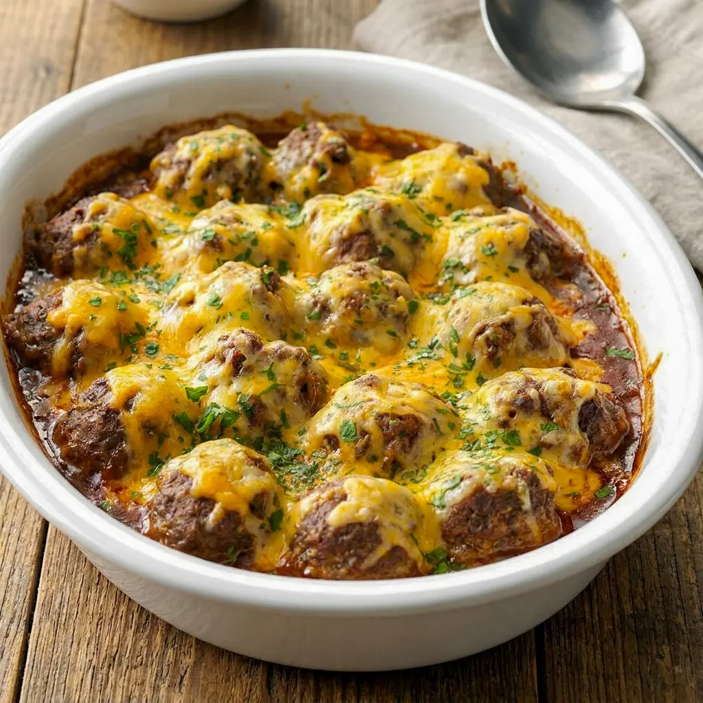 Cheesy Mexican Meatballs baked in rich enchilada sauce, perfect for fun Meatball Tacos at dinner.