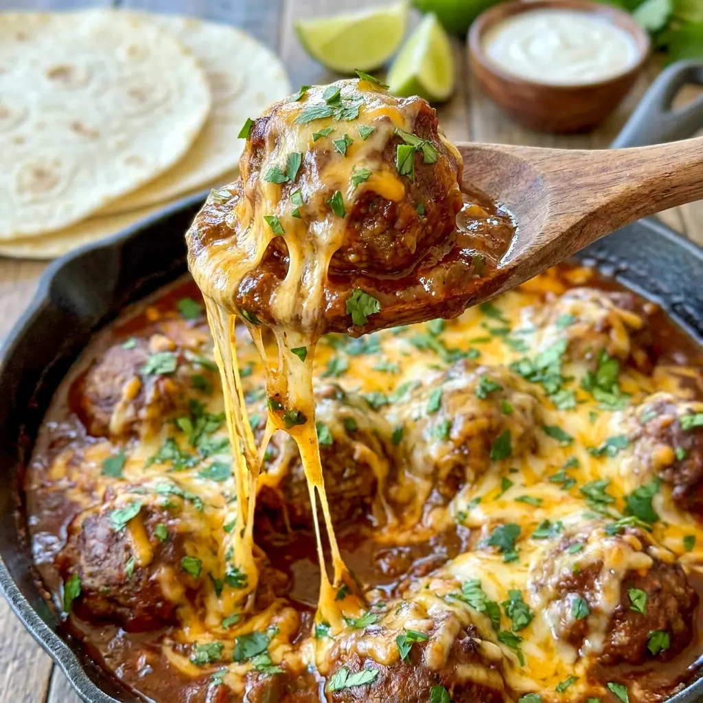 A bubbling pan of Cheesy Mexican Meatballs topped with melted cheese, inspired by Cheesy Taco Meatballs flavor.