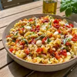 Cherry Tomato Bruschetta Pasta Salad served in a bright bowl for Fancy Pasta Salad Recipes that feel fresh and colorful.