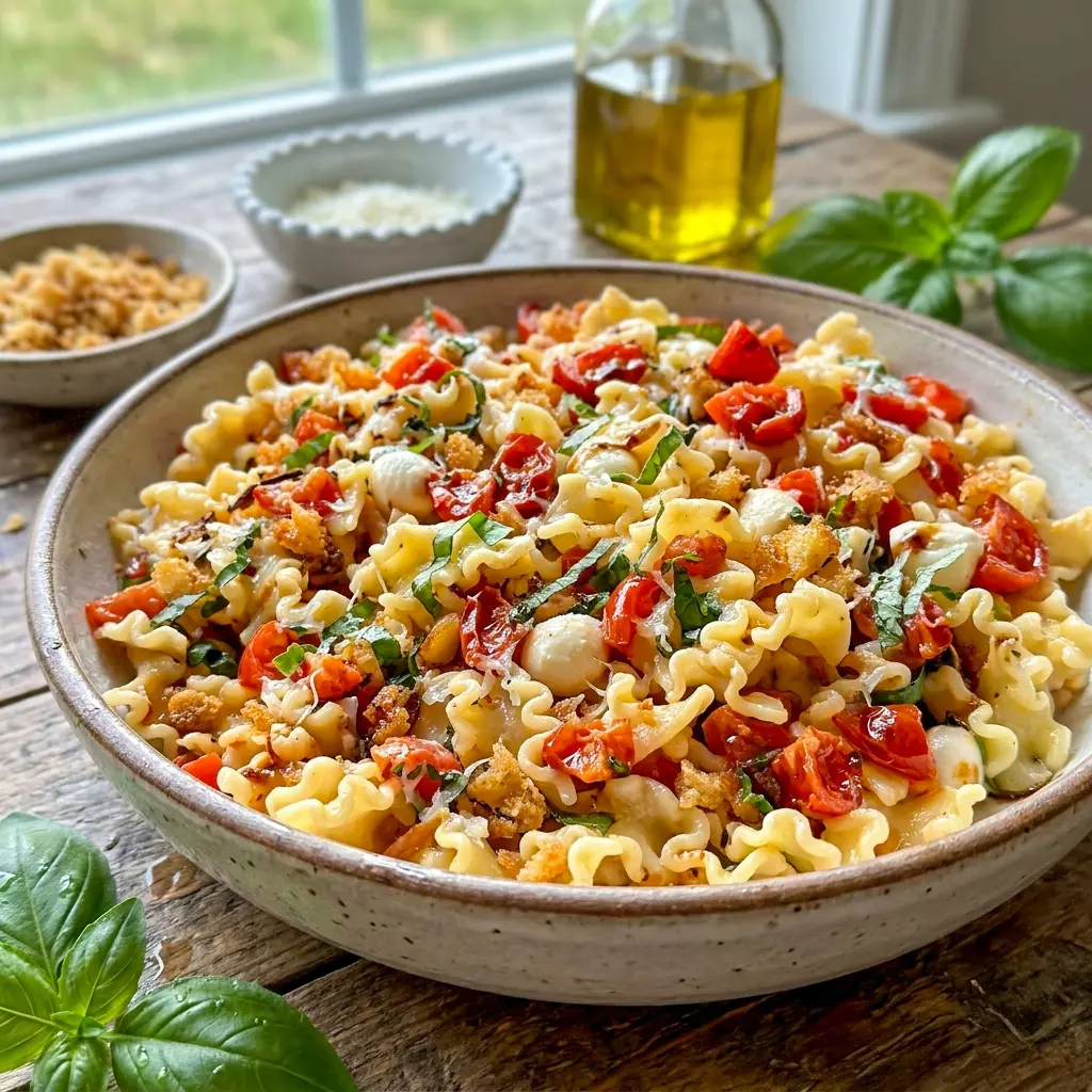 Close-up of Cherry Tomato Bruschetta Pasta Salad with basil, mozzarella, and croutons for a sunny Poolside Pasta Salad vibe.