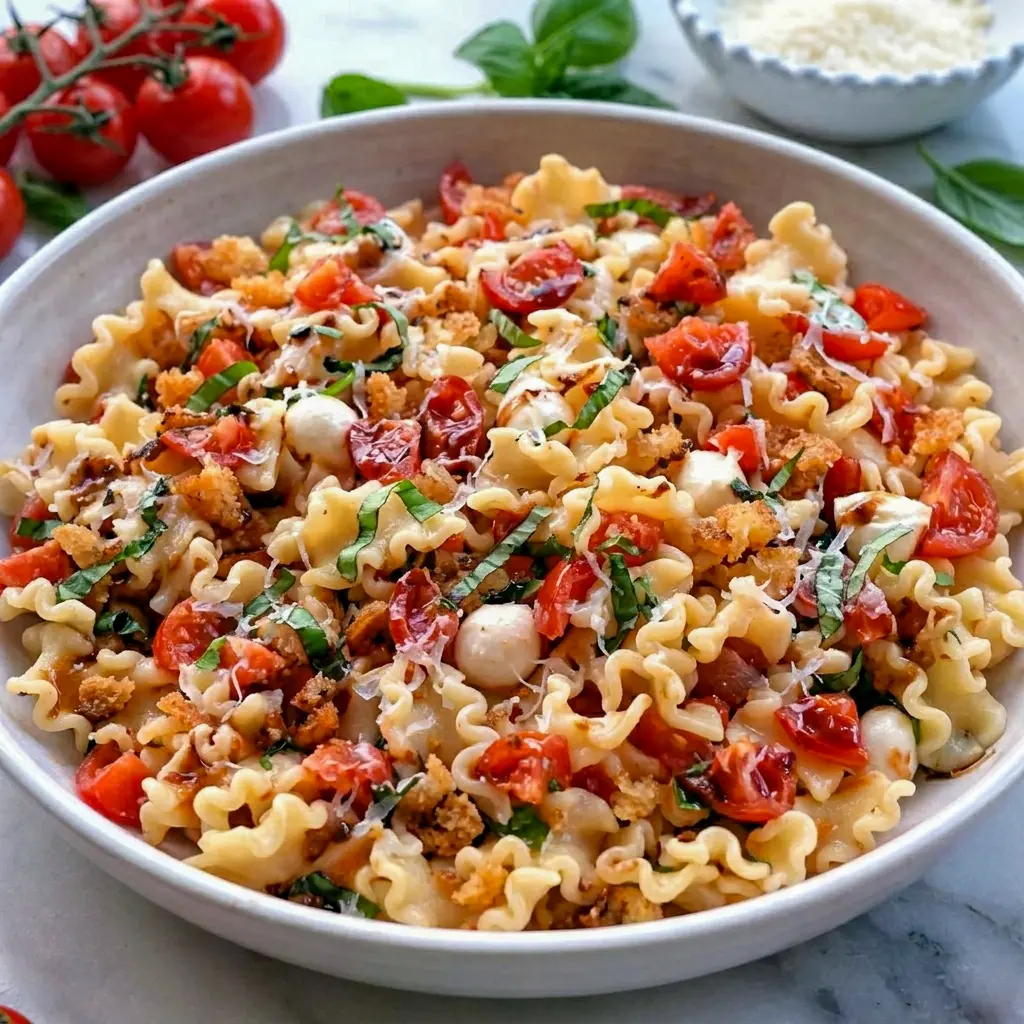 Cherry Tomato Bruschetta Pasta Salad styled for a Memorial Day Dinner Party with juicy tomatoes and golden sourdough topping.