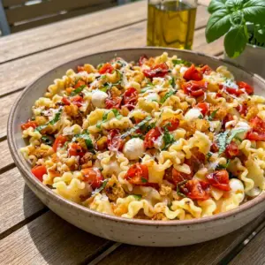 Cherry Tomato Bruschetta Pasta Salad served in a bright bowl for Fancy Pasta Salad Recipes that feel fresh and colorful.