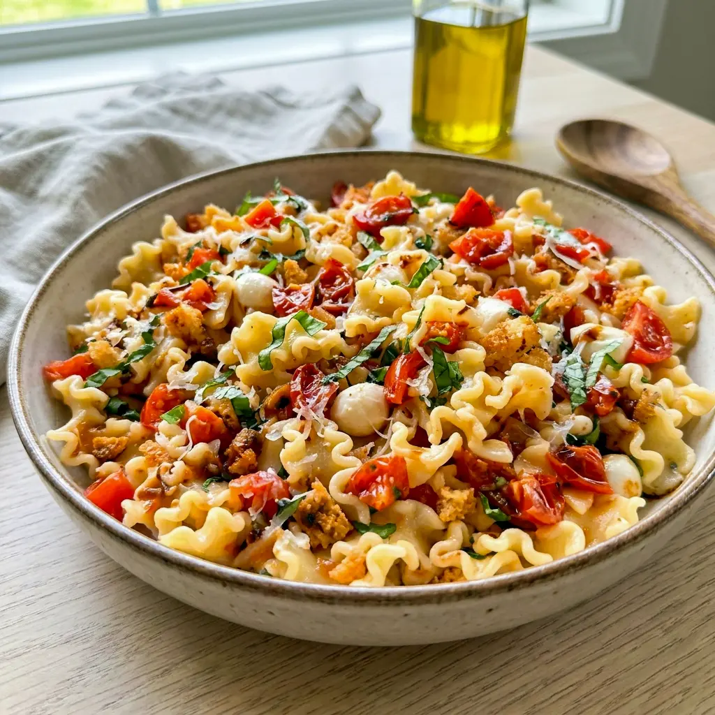 Fresh Cherry Tomato Bruschetta Pasta Salad on a serving platter, a perfect Elevated Pasta Salad for summer gatherings.