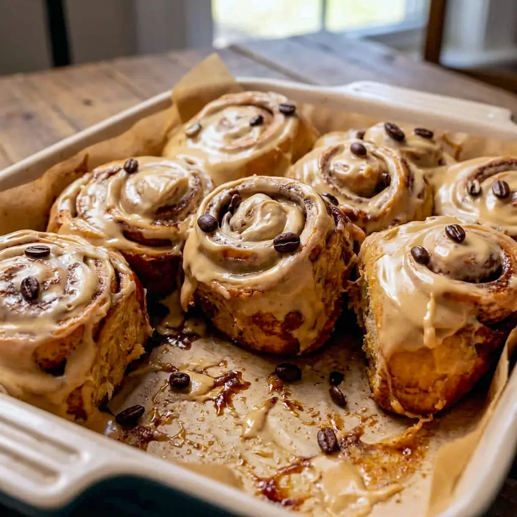 Fresh Coffee Cinnamon Rolls served with thick cream cheese icing for irresistible Coffee Flavor Desserts.