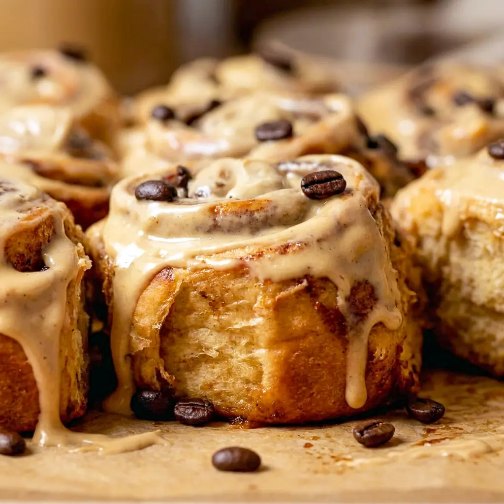 Soft Coffee Cinnamon Rolls on a baking pan for classic Coffee Shop Pastries Recipes.