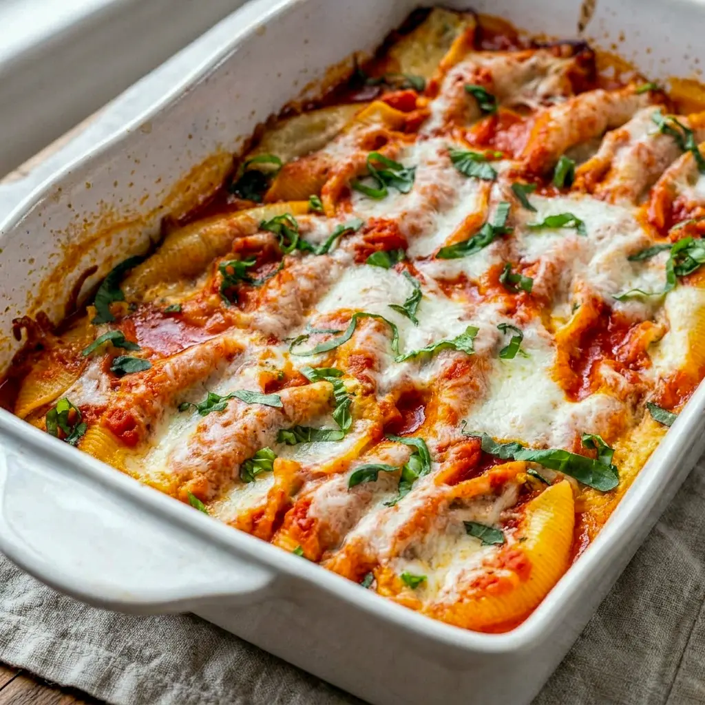 Stuffed Shells topped with melted mozzarella and herbs, perfect for Dinner Ideas Low Calorie High Protein.
