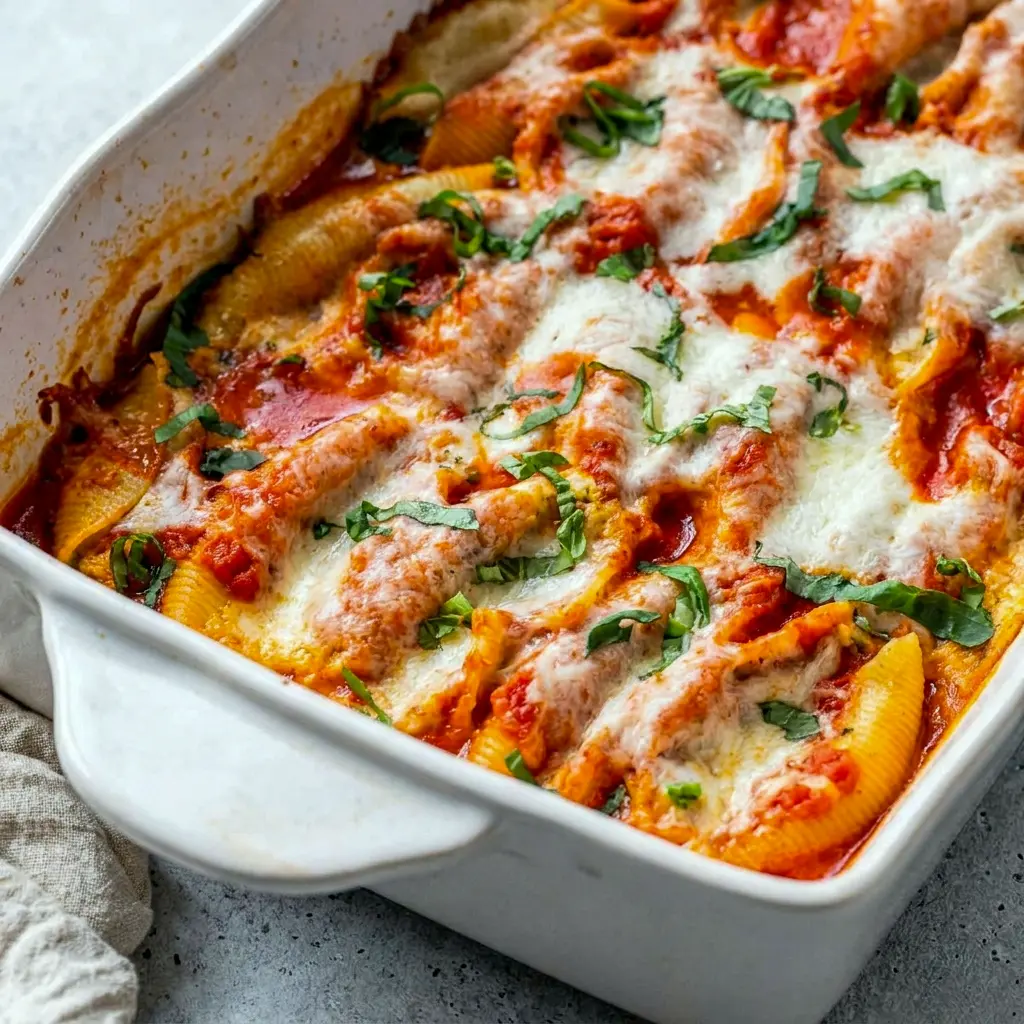 Stuffed Shells with a rich cheesy center and tomato sauce, a smart option for Healthier Stuffed Shells.