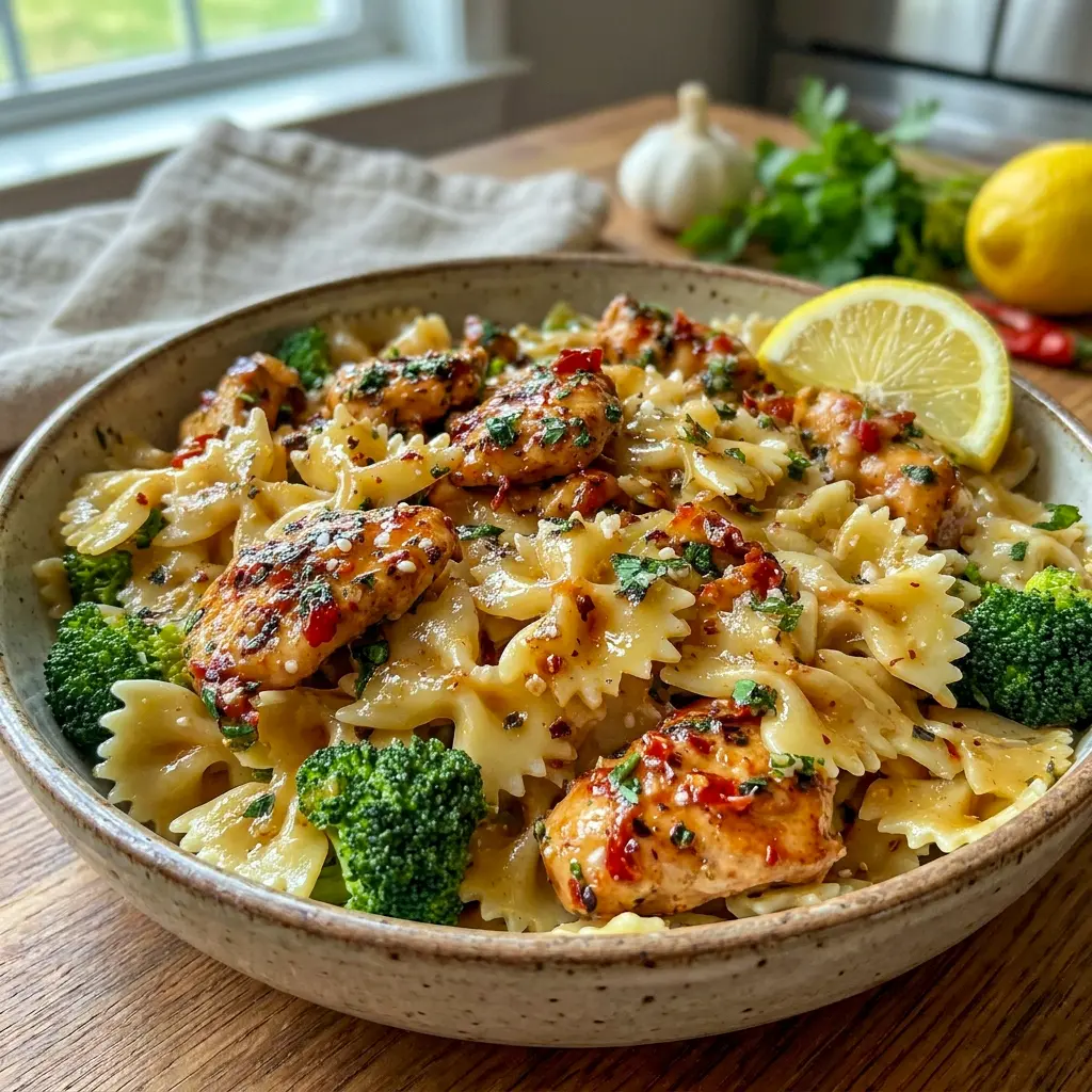 A hearty plate of Cowboy Butter Lemon Bowtie Chicken with Broccoli inspired by Chicken Dishes Recipes and packed with creamy pasta, seasoned chicken, and broccoli.